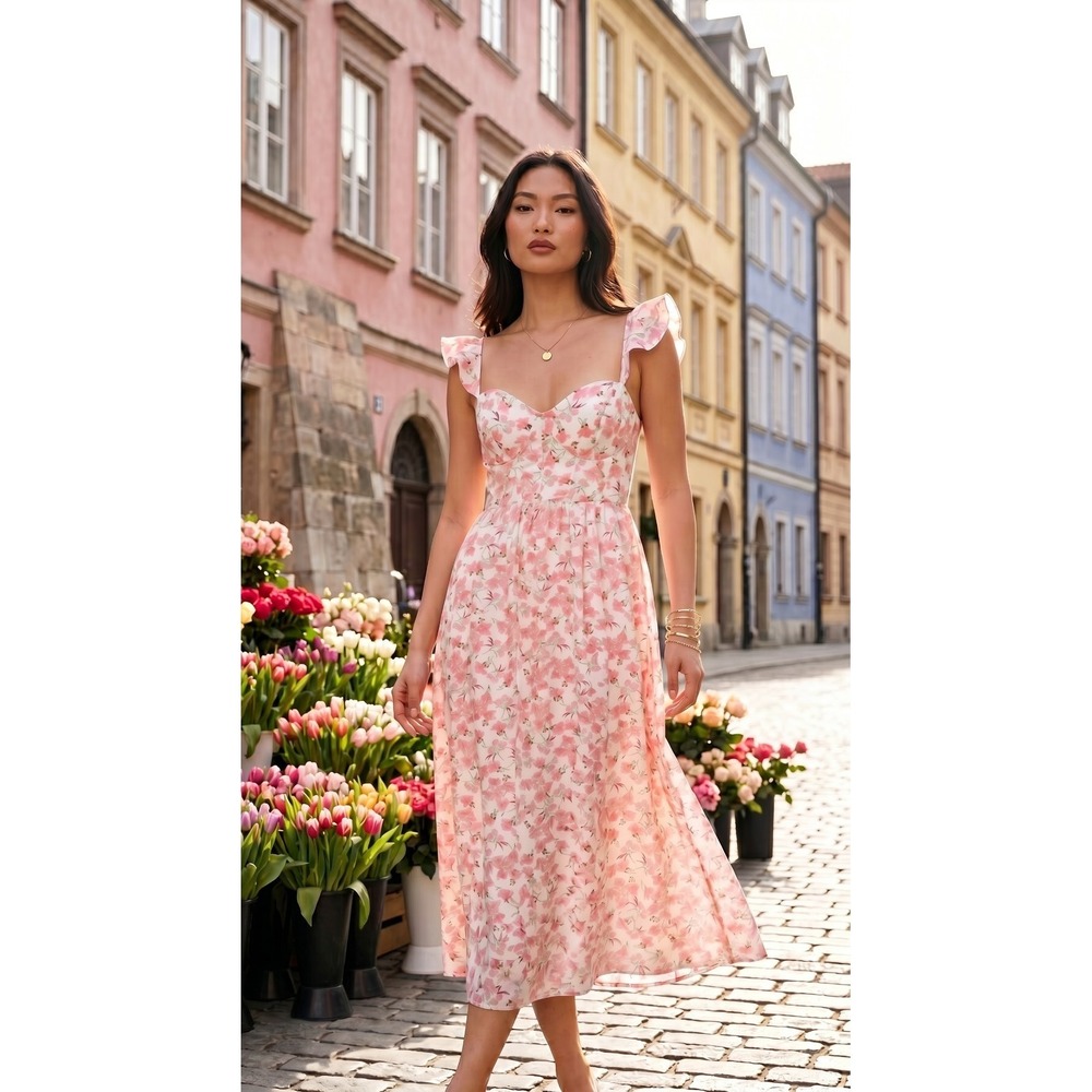 Cider Dress NWT M Pink Floral Sleeveless Maxi Sweetheart Neckline Coquette